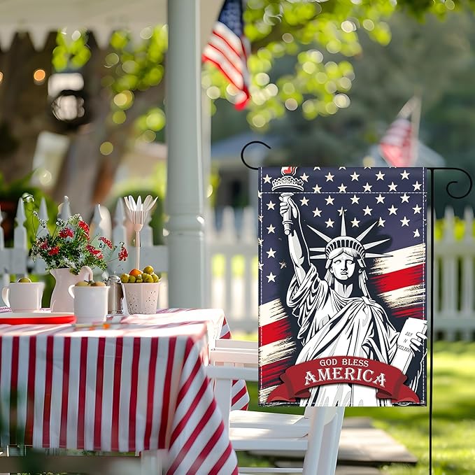 Patriotic Garden Flag 12x18 Inch Double Sided Statue of Liberty God Bless America Flag Memorial Day Independence Day Indoors Outdoors Decoration for Yard (God Bless America)