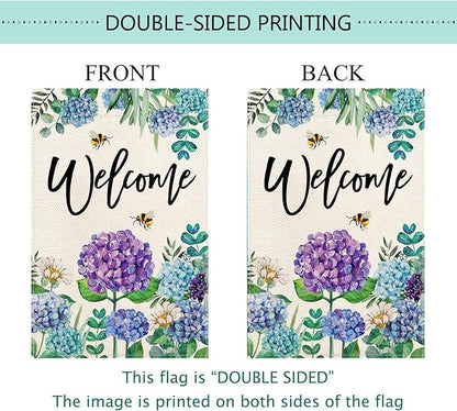 Baccessor Spring Hydrangea Garden Flag Double Sided 12x18 Inch, Summer Purple Blue Flower Floral Welcome Small Yard Flag Burlap Vertical Seasonal Farmhouse Yard Outdoor Decoration