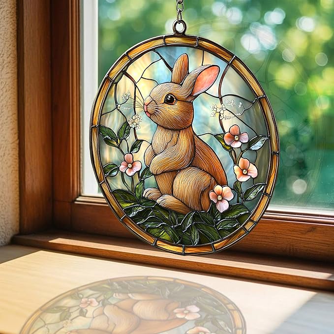 Earthy Tiffany Bunny Floral Art Acrylic Suncatcher Stained Glass Effect Window Car Hanging Christmas Ornament Indoor Outdoor Decor Garden Sun Catcher Panel for Easter Lover for Women Mom Grandma