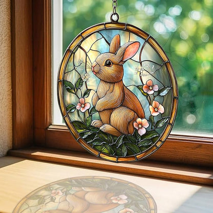 Earthy Tiffany Bunny Floral Art Acrylic Suncatcher Stained Glass Effect Window Car Hanging Christmas Ornament Indoor Outdoor Decor Garden Sun Catcher Panel for Easter Lover for Women Mom Grandma