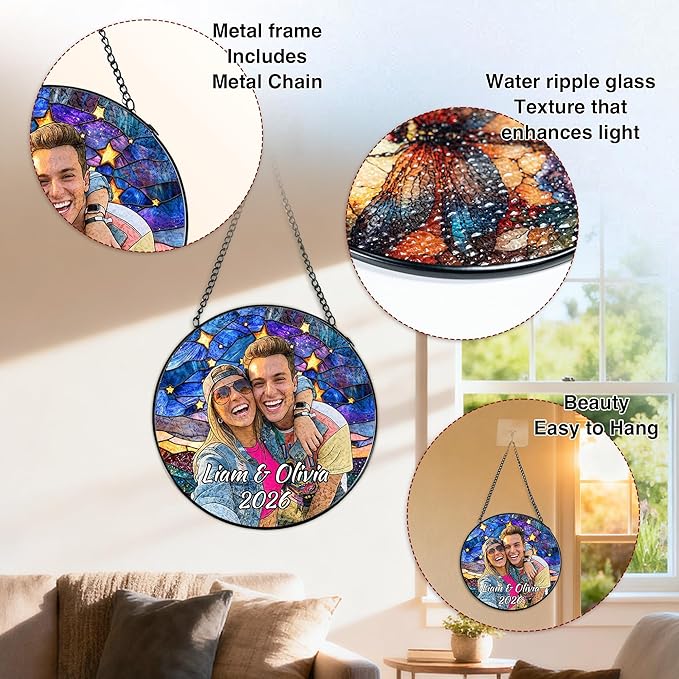 Personalized Stained Glass Windows Hanging, Her Him Picture Suncatcher Ornament, Custom Photo Gift, Birthday Boyfriend Girlfriend Couples Gifts