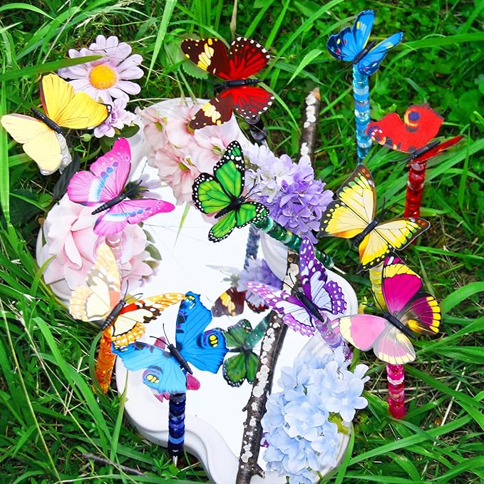 145 PCS Beaded Garden Stakes Kit, DIY Fairy Wand Garden Stake Beads Kits with Assortment Large Hole Beads 4 Crystal Stopper Top 2 Butterfly Tops and Threaded Rods for Outdoor Indoor Decor
