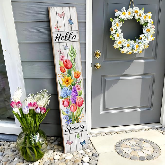 Hello Spring Porch Sign Tulip Butterflies Welcome Sign Rustic Vertical Standing Sign For Front Porch Decor Farmhouse Hanging Wall Sign for Patio Yard Party Indoor Outdoor Decoration 47.2"H
