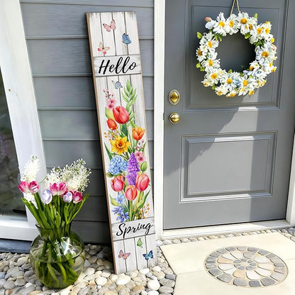 Hello Spring Porch Sign Tulip Butterflies Welcome Sign Rustic Vertical Standing Sign For Front Porch Decor Farmhouse Hanging Wall Sign for Patio Yard Party Indoor Outdoor Decoration 47.2"H