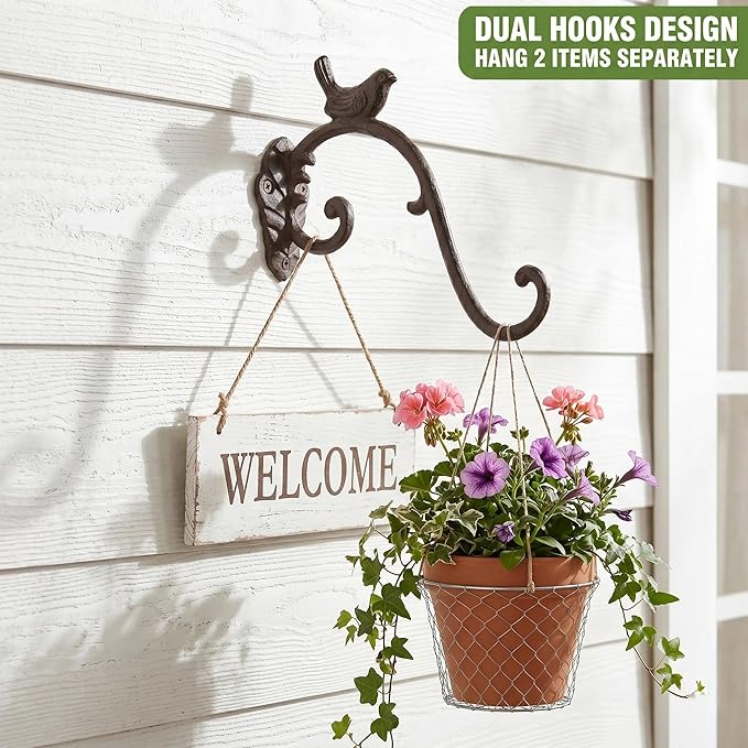Z metnal Cast Iron Plant Hanger - Bird Rustic Wall Mounted Hanging Basket Holder for Outdoor Garden, Patio, Porch Decor - Heavy Duty Metal Hook Bracket, Black