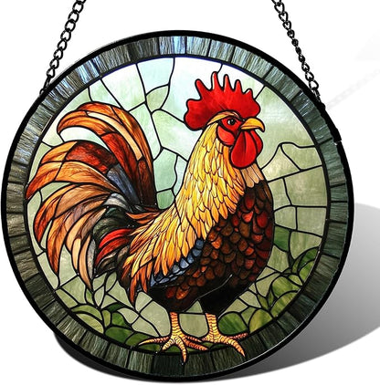 Stained Glass Window Hanging - Rooster Suncatcher for Doors Garden Patio Retro Colored Chicken Sun Catchers Decor Christmas Mother's Day Birthday Gifts for Women Men Mom Nana Friend 15 in