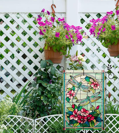 Spring Summer Dragonfly Garden Flag 12x18 Inch Double Sided, Stained Glass Dragonfly Floral Garden Flag for Outside, Colorful Flower Yard Flag Outdoor Lawn Porch Farmhouse Decor