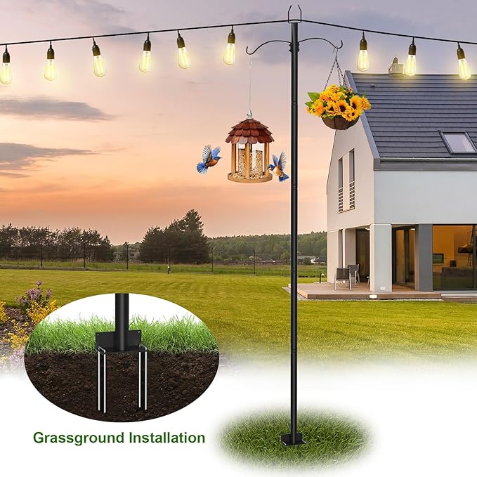 2 Pack String Light Poles for Outside, 9FT Heavy Duty Light Poles Outdoor with Shepherds Hooks for Bird Feeder & Plant Hanging, Adjustable Height Metal Pole for Garden Party Backyard Patio Decor