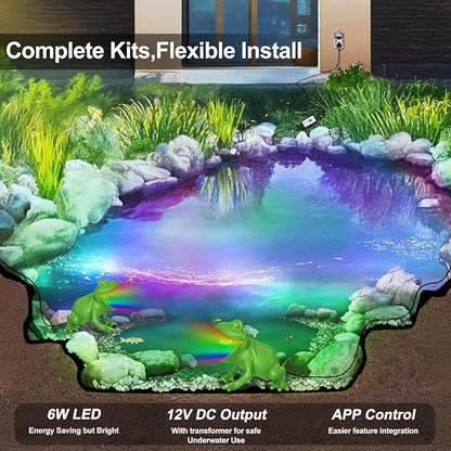 RGB Pond Light with APP, 6W Frog Fountain Lights with 12V Transformer, IP68 Waterproof Underwater Pond Lights with Long Cables for Ponds Waterfall Fountain Gardens Water Feature, 2 SpotLights