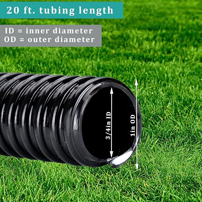 3/4” × 10ft Black Corrugated Flexible Reinforced PVC Pond Tube Sump Pump Hose, Non-toxic & Kinkproof (10 ft, 3/4" ID)