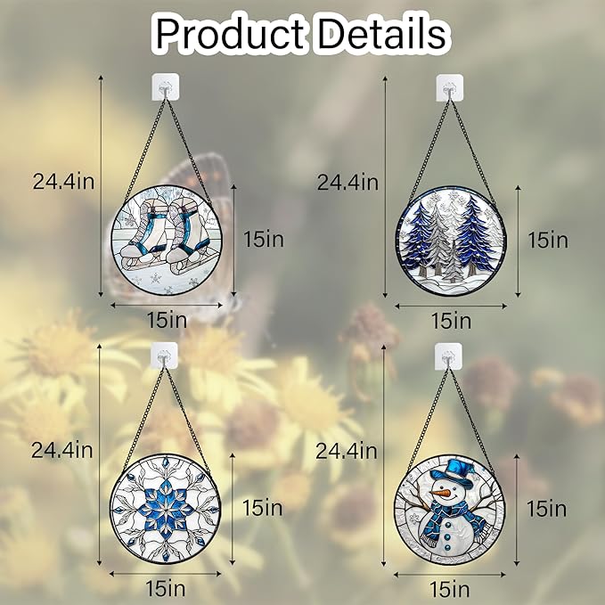 DASTOLL Stained Glass Window Hanging 4 Pcs Set White Winter Christmas Snow Scene Large 15" - Suncatcher Door Garden Sun Catcher Decor Birthday for Mom Woman Nana Men Friend Wife