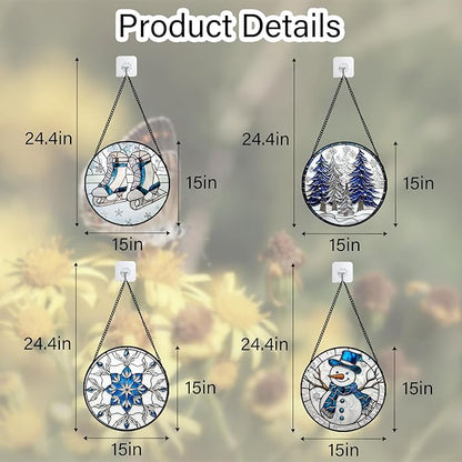 DASTOLL Stained Glass Window Hanging 4 Pcs Set White Winter Christmas Snow Scene Large 15" - Suncatcher Door Garden Sun Catcher Decor Birthday for Mom Woman Nana Men Friend Wife