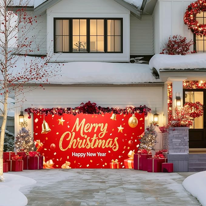 IVN Christmas Garage Door Cover Decoration 13x6ft Sparkling Gold Lettering Confetti Bells and Gifts Merry Christmas Winter Garage Door Banner Home Door Front Yard Decor for Xmas Eve Holiday Outdoor