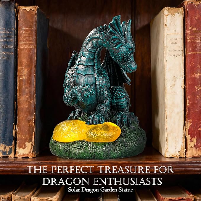 Dragon Statue Outdoor Decor, Porch Dragon Statue with Precious Stone Light - 7.8 inch Lawn Ornaments, Perfect Patio Decor & Yard Decorations Outdoor