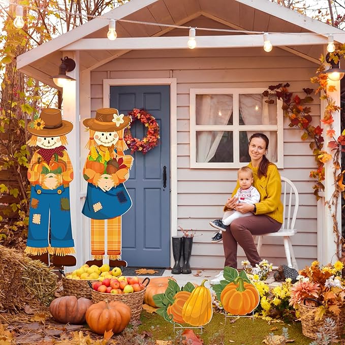 Geetery 4 Pieces Thanksgiving Outdoor Decorations Fall Yard Stake Scarecrow Pilgrim Pumpkins Porch Sign with Stake Autumn Harvest Garden Decor for Outside Lawn Decoration 32.28 x 10.47 Inch(Scarecrow)