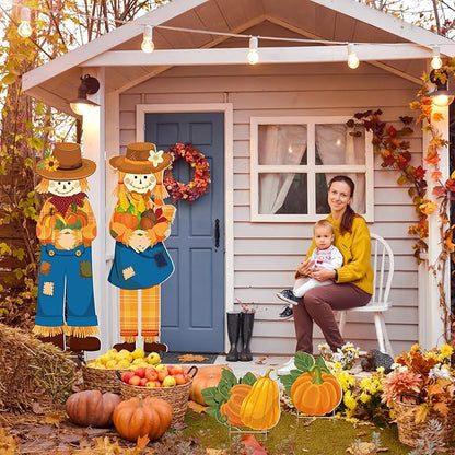 Geetery 4 Pieces Thanksgiving Outdoor Decorations Fall Yard Stake Scarecrow Pilgrim Pumpkins Porch Sign with Stake Autumn Harvest Garden Decor for Outside Lawn Decoration 32.28 x 10.47 Inch(Scarecrow)