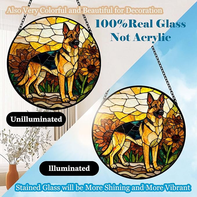 Stained Glass Suncatcher German Shepherd Among Sunflowers Handmade Window Hangings Colored Glass Suncatcher for Indoor Garden Christmas Home Decor Gift for Pet Dog Lover Memorial (7.9in)