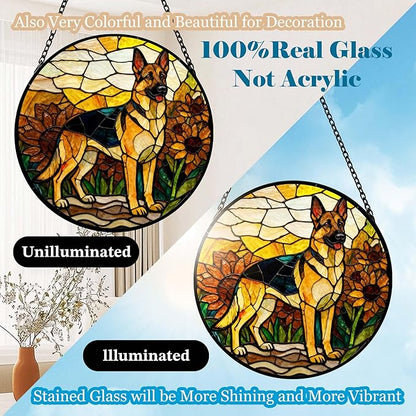 Stained Glass Suncatcher German Shepherd Among Sunflowers Handmade Window Hangings Colored Glass Suncatcher for Indoor Garden Christmas Home Decor Gift for Pet Dog Lover Memorial (7.9in)