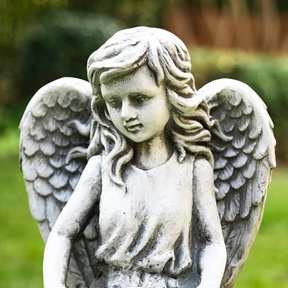 glitzhome GH50526 Angel with a Bird Bath Garden Decor Statue, 31 Inch, Antique Beige