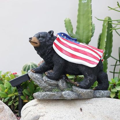 Suyorpe Bear Solar Lights Outdoor Statue - Garden Black Bear with Light up American Flag Solar Animals Outdoor Waterproof Decor for Patio,Porch,Balcony,Yard,Lawn