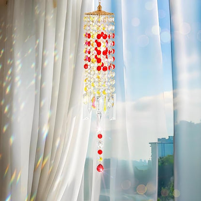 Crystal Wind Chimes for Outside with Rainbow Light Reflections Glass Bells and Rose Gold Alloy Hooks Indoor Outdoor Decor for Home Garden Patio Porch Birthday House Warming (Red-Love)