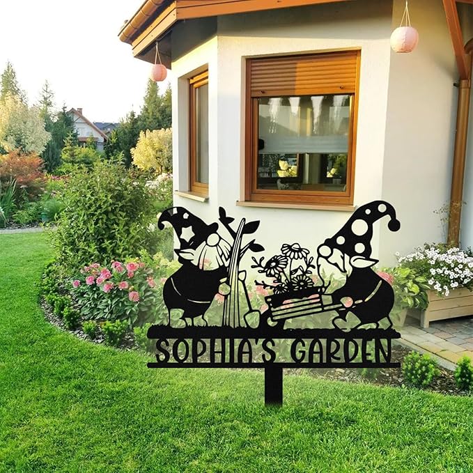 Personalized Metal Gnome Garden Signs with Stake, Custom Garden Signs for Outside Waterproof, Customized Name Sign Yard Lawn Gardens Decor Gardening Gifts for Moms Grandmas Gardeners