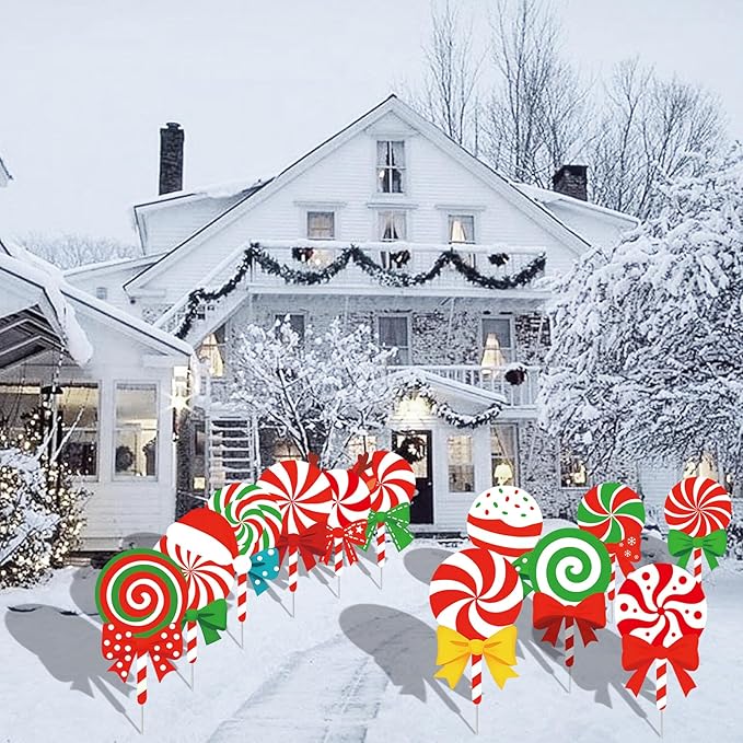 12-Piece Christmas Lollipop Yard Signs with Stakes Decorations – Assorted Candy Cane Peppermint Designs 14 Inches Large Outdoor Holiday Candy Signs for Garden, Lawn, Driveway, and Christmas Party Favor