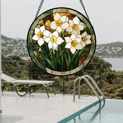 Stained Glass Window Hanging, White Lily Suncatcher for Door Garden Patio Birth Flower Green Plant Sun Catchers Decor Christmas Mother's Day Birthday Gifts for Women Mom Nana Friend 11.8 in