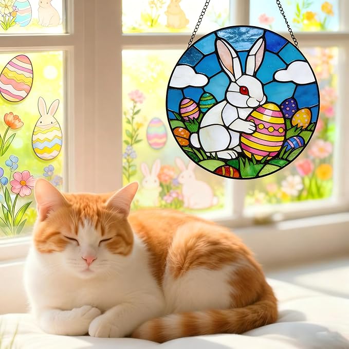 Funoasis Bunny Stained Glass Suncatcher - 6.3 Inches Easter Egg Hanging Window Ornaments for Home and Garden Holidy Gift