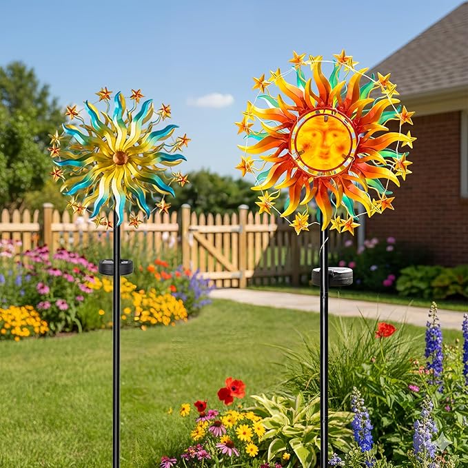 Solar Wind Spinners for Yard Garden - 60.3 Inch 360° Metal Sun Wind Sculptures Outdoor Clearance Kinetic Windmills with Vine String Shining LED Lights for Patio, Lawn Xmas Garden Decoration