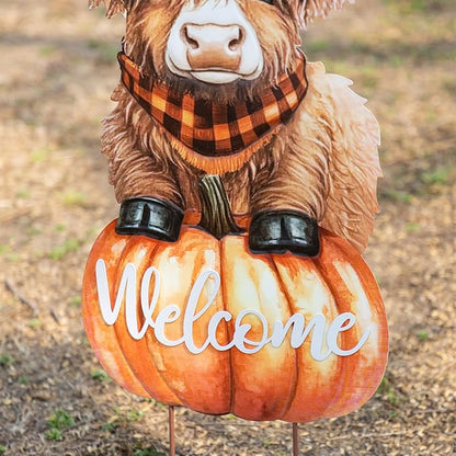 Glitzhome Fall Thanksgiving Yard Stake Decorations for Outdoor, 29.75" H Thanksgiving Metal Highland Cow Yard Stake or Wall Décor, Fall Garden Stakes for Patio Pathway Autumn Harvest Decorations