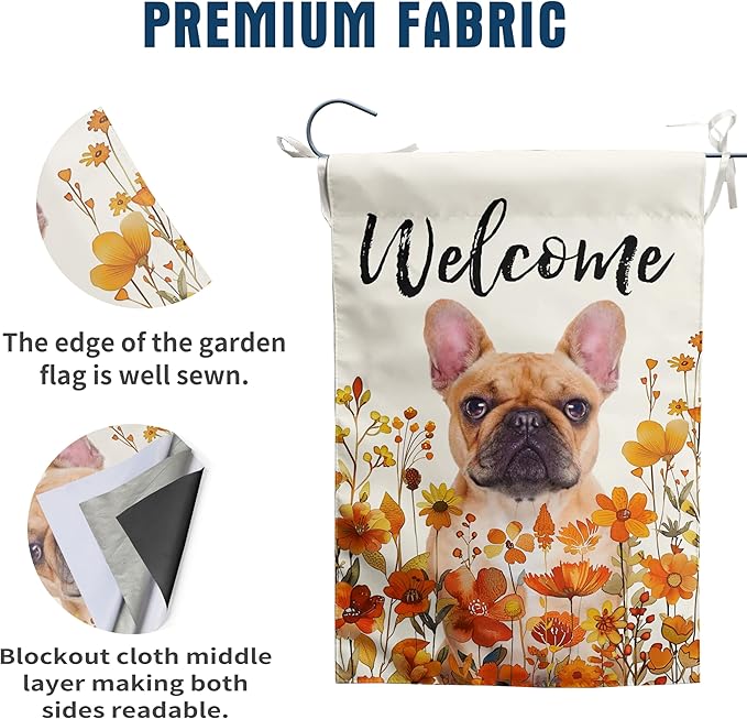 French Bulldog Fall Garden Flag Autumn Dog Yard Sign Orange Floral Thanksgiving Outdoor Banners for Outside 12x18 Double Sided Small Wild Flower Lawn Decorations