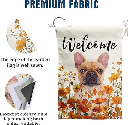 French Bulldog Fall Garden Flag Autumn Dog Yard Sign Orange Floral Thanksgiving Outdoor Banners for Outside 12x18 Double Sided Small Wild Flower Lawn Decorations