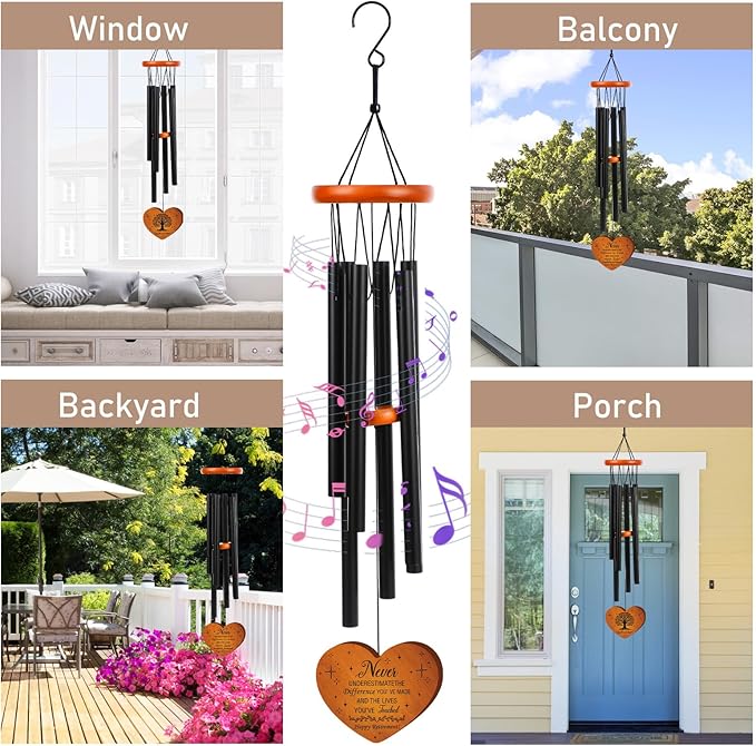 Retirement Gifts Wind Chimes for Women Men - Engraved Wooden Heart with Gift Box & Card, Happy Retirement Outdoor Garden Patio Hanging Decor, Farewell Gift for Coworker Teacher Bossr
