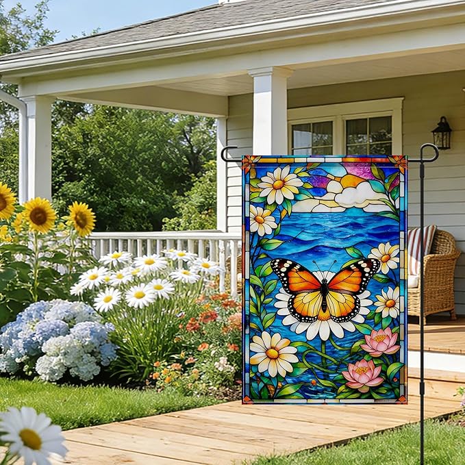 IVN Stained Glass Butterfly Garden Flag 12x18 Inch – Daisy and Water Lily Outdoor Flag, Double Sided Burlap Spring Summer Yard Flag for Porch Lawn Patio Decor