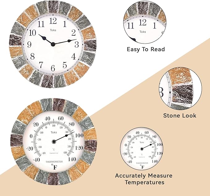 Lily's Home 10 inch Indoor or Outdoor Hanging Wall Clock and Thermometer Set,Stone Frame Battery Operated Quartz Movement, Operated Decor for Family Room, Office, Game Room,Garden, Backyard, Pool