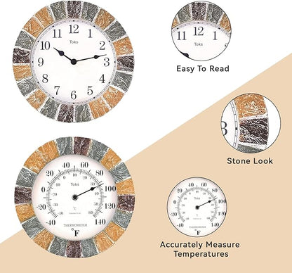 Lily's Home 10 inch Indoor or Outdoor Hanging Wall Clock and Thermometer Set,Stone Frame Battery Operated Quartz Movement, Operated Decor for Family Room, Office, Game Room,Garden, Backyard, Pool