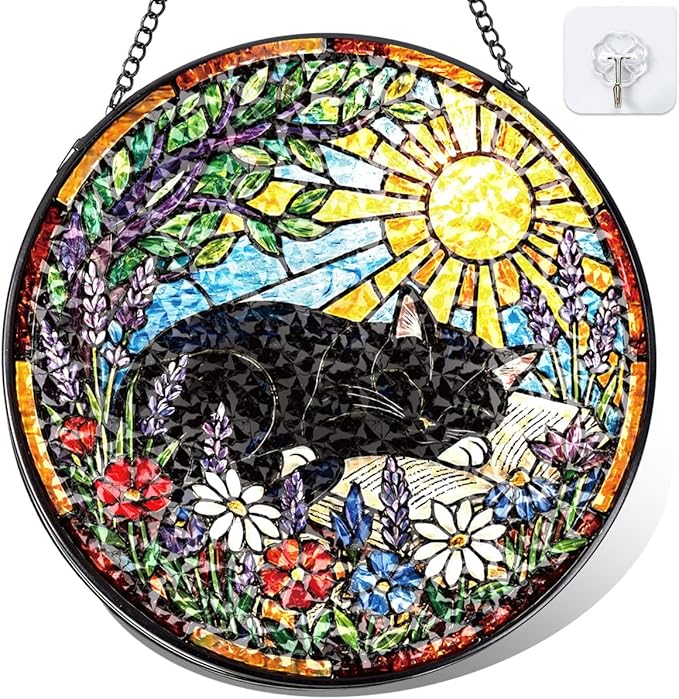 Stained Glass Window Hanging – Cat & Book Lover Gifts for Women Men, Sleeping Cat Suncatcher, Glass Ornament for Reading Room Home Garden Decor, Christmas Mother's Day Birthday Gifts, 8 Inch