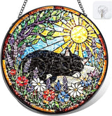 Stained Glass Window Hanging – Cat & Book Lover Gifts for Women Men, Sleeping Cat Suncatcher, Glass Ornament for Reading Room Home Garden Decor, Christmas Mother's Day Birthday Gifts, 8 Inch