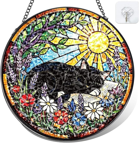 Stained Glass Window Hanging – Cat & Book Lover Gifts for Women Men, Sleeping Cat Suncatcher, Glass Ornament for Reading Room Home Garden Decor, Christmas Mother's Day Birthday Gifts, 8 Inch