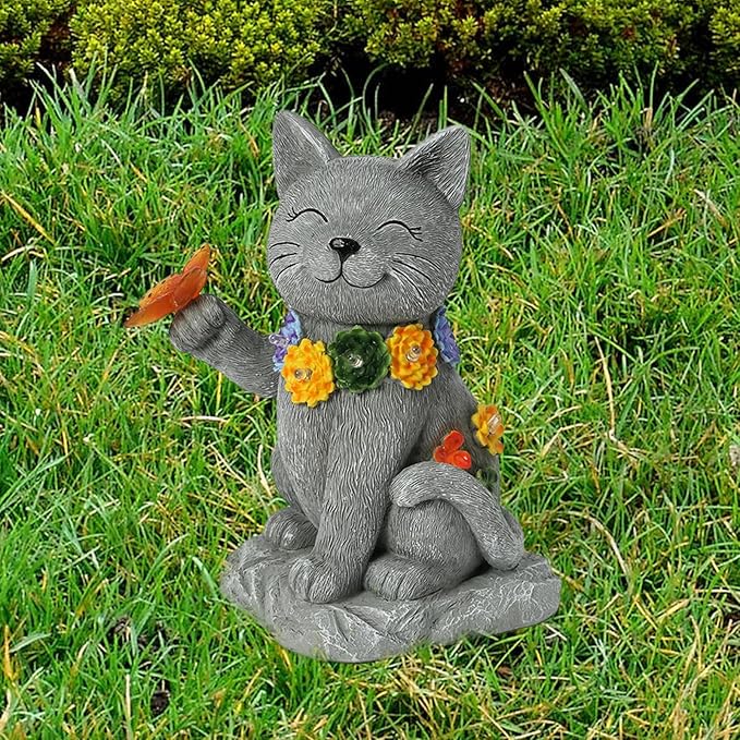 Oneirion Solar Cat Garden Statue - 7 LED Lights with Flowers & Butterfly Yard Art, Lawn Porch Outdoor Decor, Gift for Mom, Grandma & Women