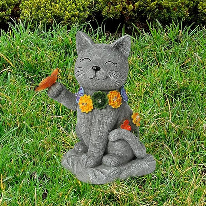 Oneirion Solar Cat Garden Statue - 7 LED Lights with Flowers & Butterfly Yard Art, Lawn Porch Outdoor Decor, Gift for Mom, Grandma & Women