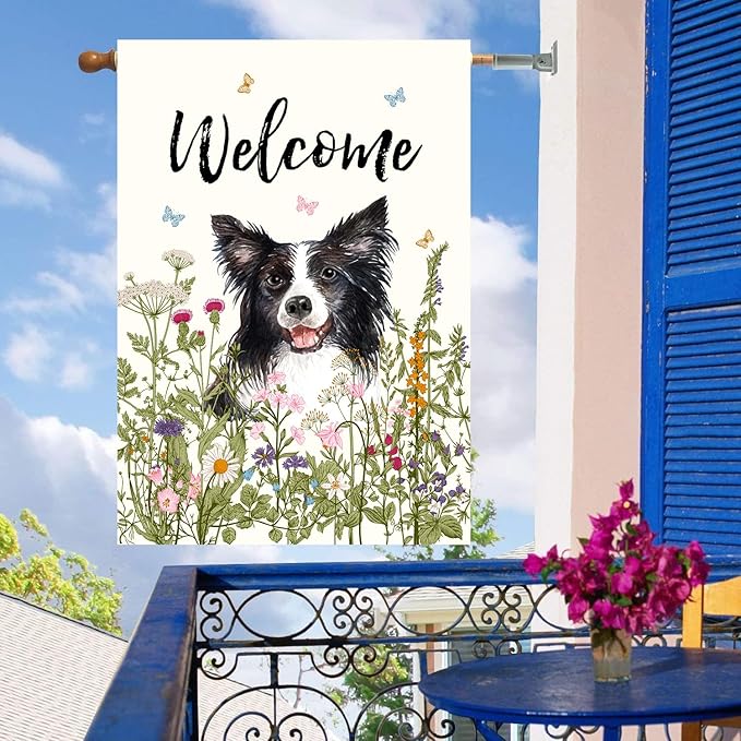 Floral Border Collie Garden Flag Spring Summer House Flags 28 x 40 Double Sided Flower Dog Yard Flags for Outside Large Outdoor Welcome Flags