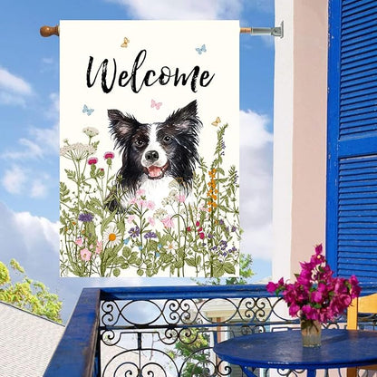 Floral Border Collie Garden Flag Spring Summer House Flags 28 x 40 Double Sided Flower Dog Yard Flags for Outside Large Outdoor Welcome Flags