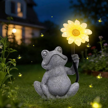 basen Solar Frog Garden Statue with Sunflower Light, Outdoor Solar Frog Figurine Decor for Yard Lawn Patio, Resin Frog Sculpture with LED Solar Lantern for Garden Landscape Ornament