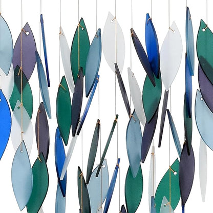 Blue Handworks Deluxe Pacific Waterfall Glass & Driftwood Chime, Sandblasted Glass and Found Wood Handcrafted Wind Chime
