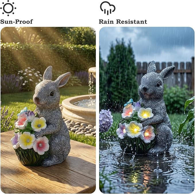 PETAFLOP Solar Garden Rabbit Statue Decor, Bunny Figurine with Flower Lights for Yard, Patio, Pathway, Lawn, Patio, Balcony