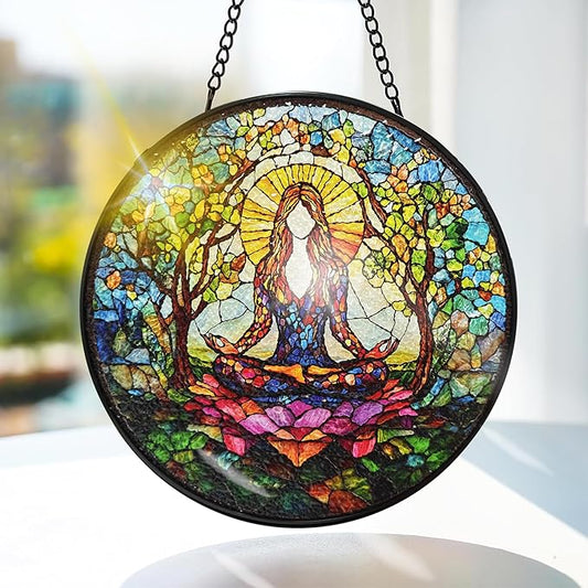 Bimkole Relaxing Woman Stained Glass Suncatcher Window Hanging - Yoga Design for Indoor Window or Doorway Decoration - 7.87x7.87 inch with Chain and Hook - Unique Home Decor Gift