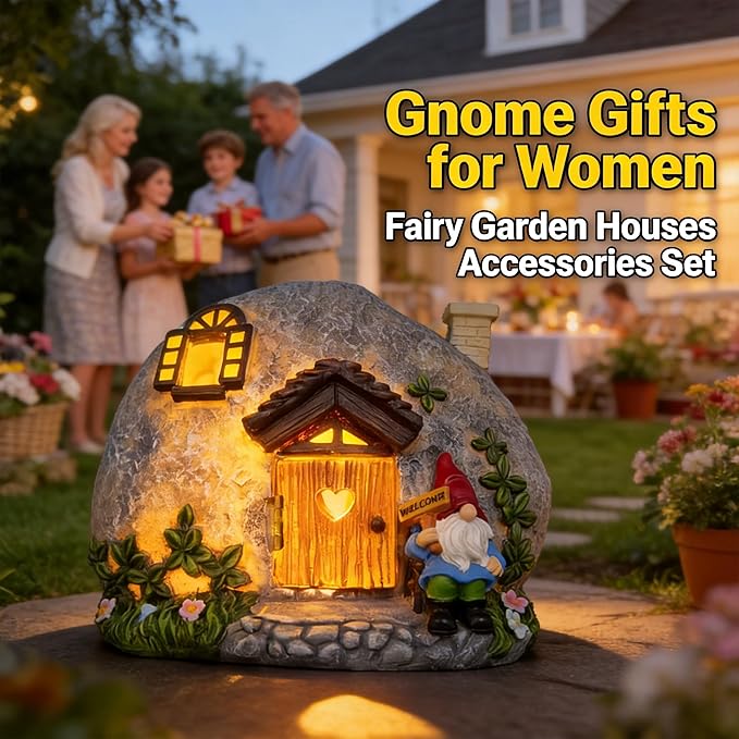 Fairy Garden Accessories Gnome House 4 Pcs Kit, Solar Statues with Openable Door for Yard Lawn Patio, Resin Stone Houses, Treasure chest, staircase, ladder Figurines, Birthday Gifts Idea for Women