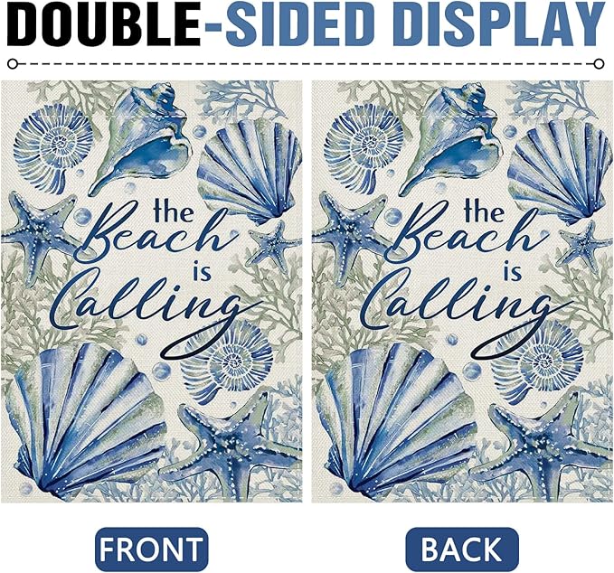 Dyrenson Spring Summer The Beach is Calling Decorative Garden Flag, Coastal Conch Starfish Coral Pearl Yard Outside Home Decorations, Nautical Seasonal Burlap Outdoor Small Decor Double Sided 12 x 18